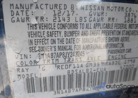 2018 Nissan Sentra S из США, поврежденный, VIN 3N1AB7AP8JY243245